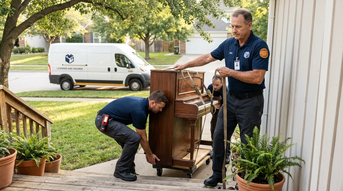 Licensed piano movers securing grand piano in Aguanga, CA
