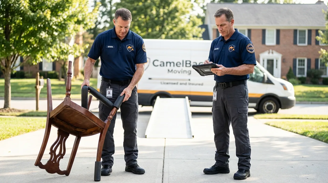 Movers inspecting furniture for damage prevention before loading in Aguanga, CA