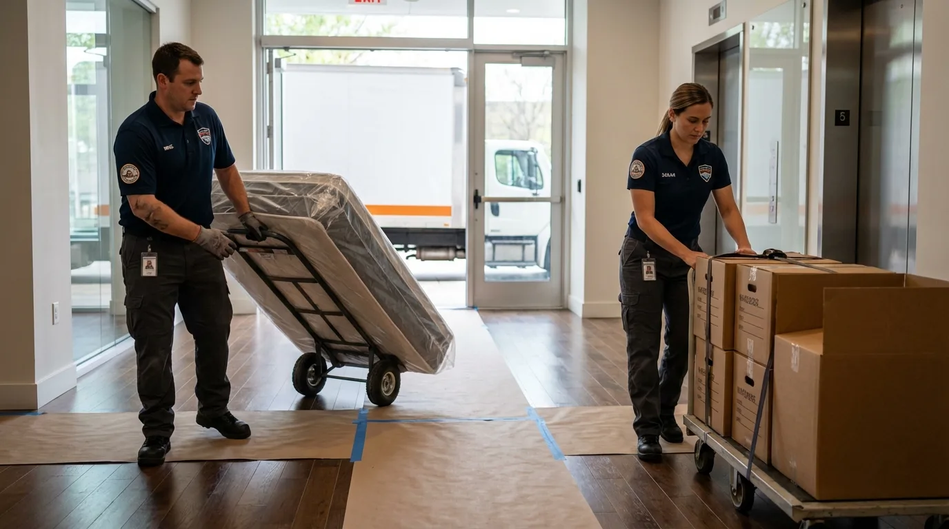 Professional apartment movers loading elevator in Aguanga, CA